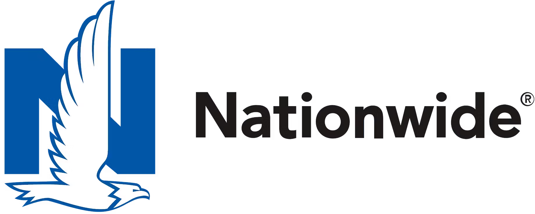 A blue N-shaped logo with an eagle graphic integrated into the letter, next to the black text, 