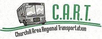 The logo for churchill area regional transportation shows a bus on a hill.