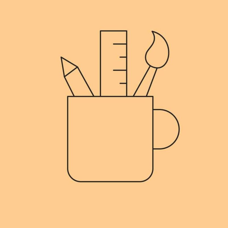 Simple icon of a cup full of art supplies on a muted orange background, demonstrating Onside NZ's customisable 