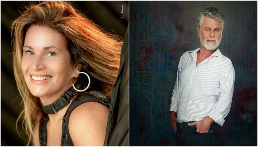 Adriana Longobardi e Tuca Stangarlin posam nas fotos. Tuca está de pé e mantém as mãos no bolso, Adriana sorri com os cabelos soltos.