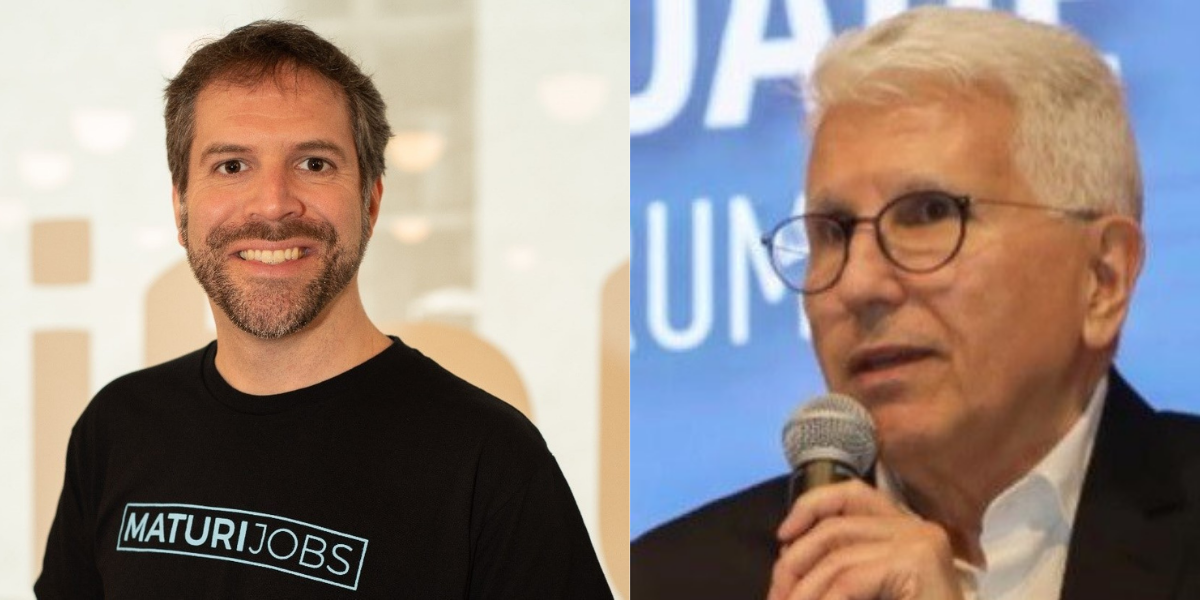 montagens de dois homens um do lado do outro, um sorri e o outro fala no microfone