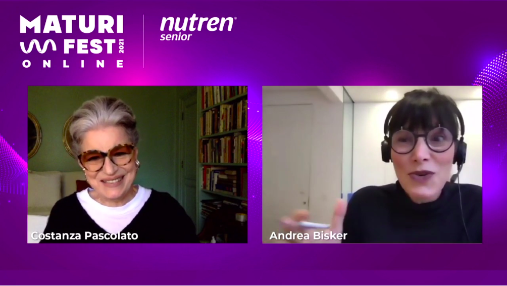 print do painel online do Maturi Fest, nele aparecem Costanza Pascolato e Andrea Bisker