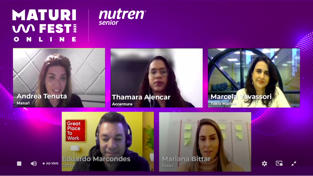 print do Maturi Fest Online com Andrea Tenuta, Thamara Alencar, Marcela Vavassori, Eduardo Marcondes, Mariana Bittar