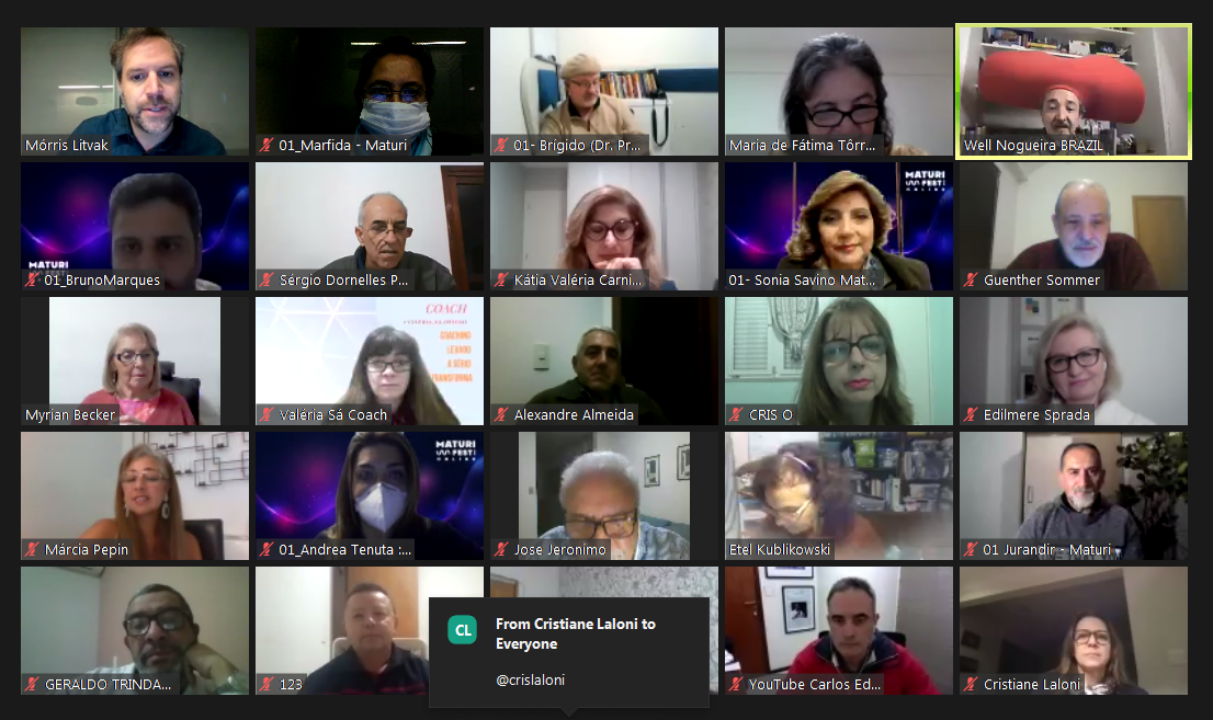 print do meetup da Maturi que aconteceu pelo zoom, na imagem aparecem os participantes e palestrantres pela webcam