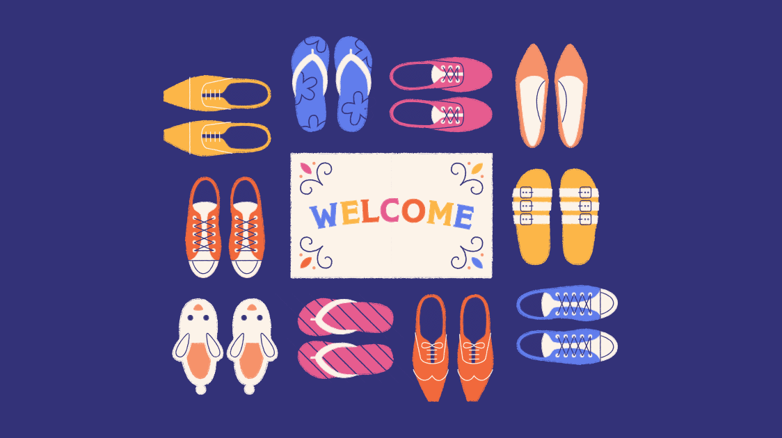 arte com diversos sapatos diferentes como pantufas, chinelos, tênis, etc. os sapatos estão ao redor de um tapete escrito 