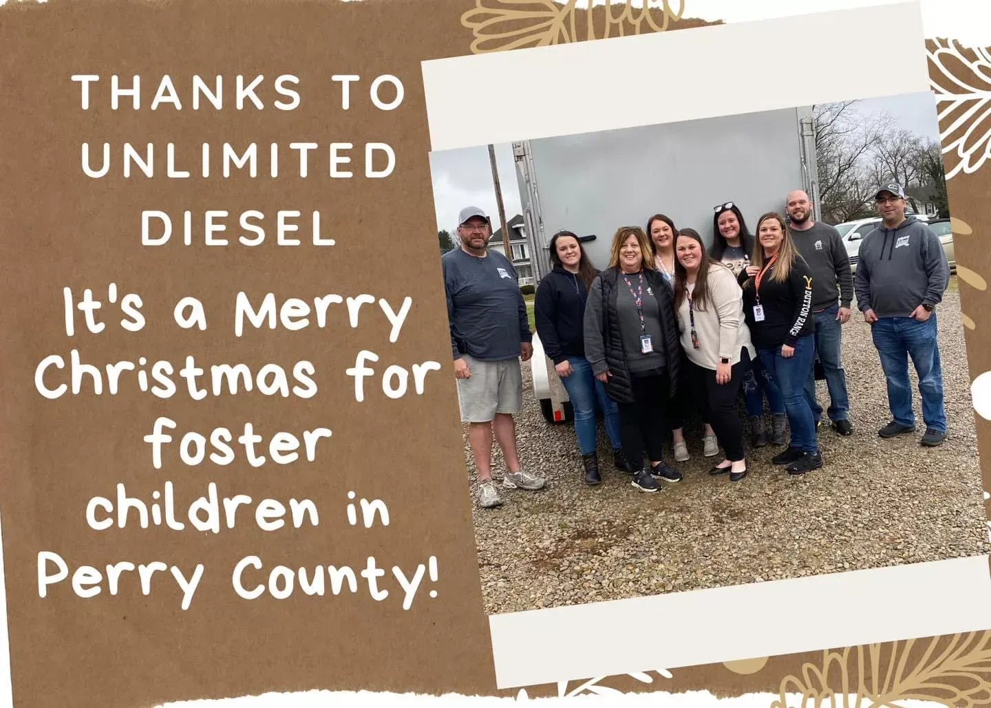 Christmas donation poster with a group photo and text: 