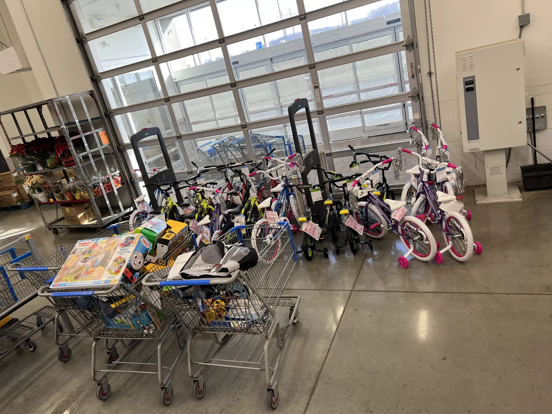Rows of children’s bikes and scooters stored in a warehouse-like garage near shopping carts and a large door