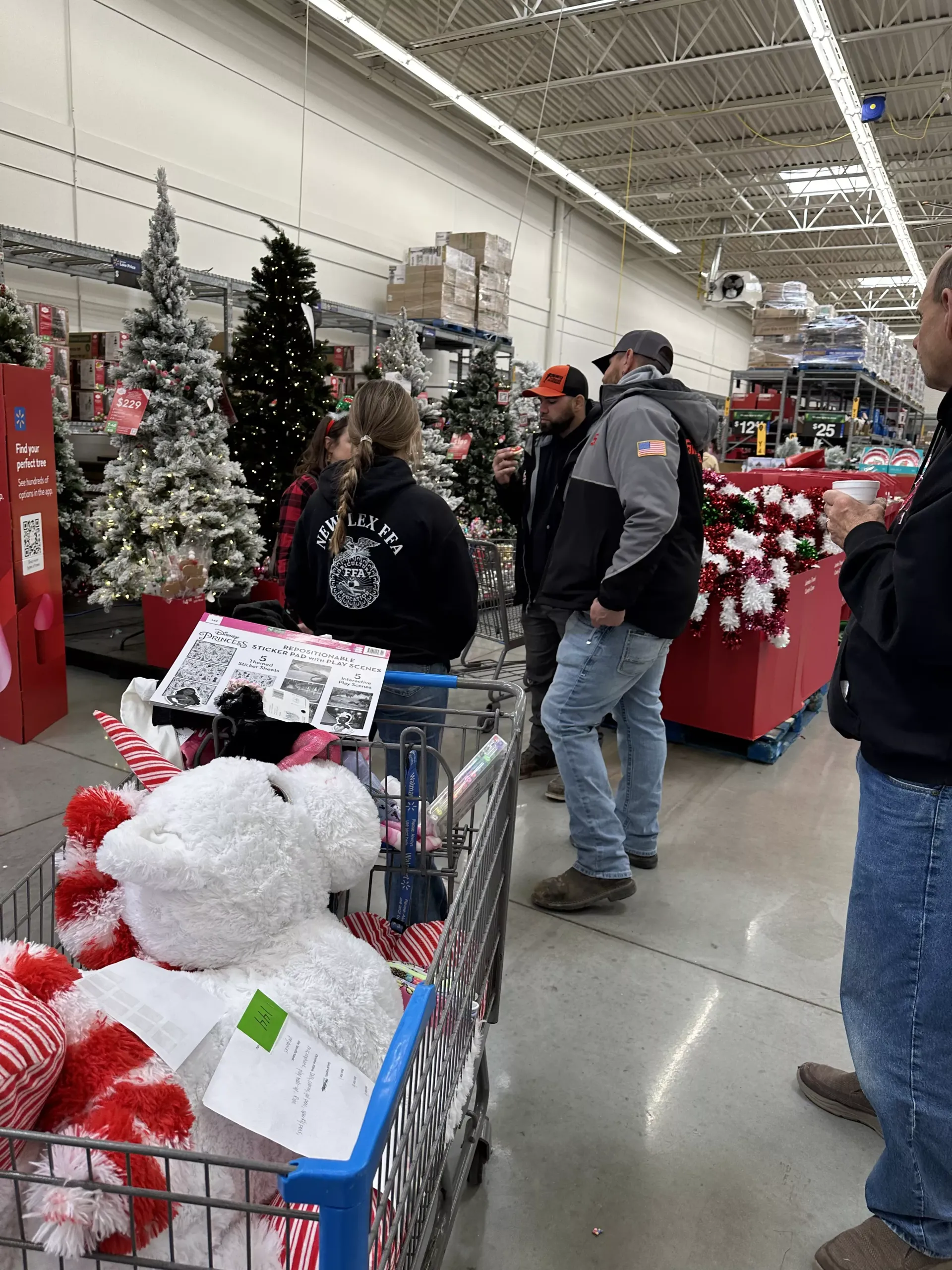 Shoppers in a store aisle with holiday decorations, carts full of red and white Christmas items.