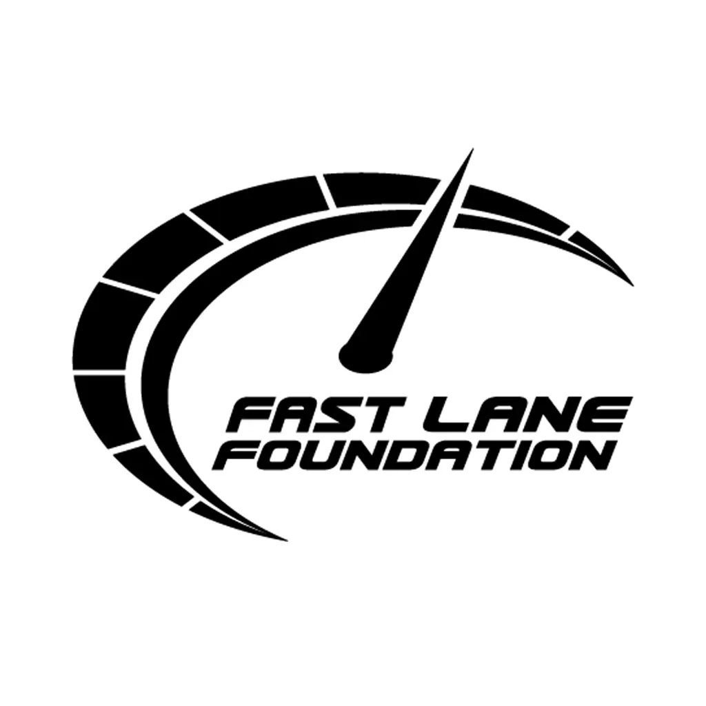 Black-and-white Fast Lane Foundation logo with a stylized speedometer and italic text