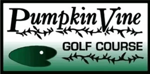 Pumpkin Vine Golf Course logo with black text, a green golf ball, and thorny vine graphic