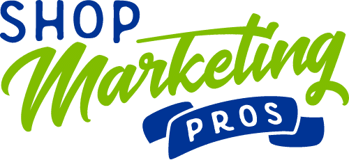 Shop Marketing Pros logo in blue and green text with a blue ribbon banner.