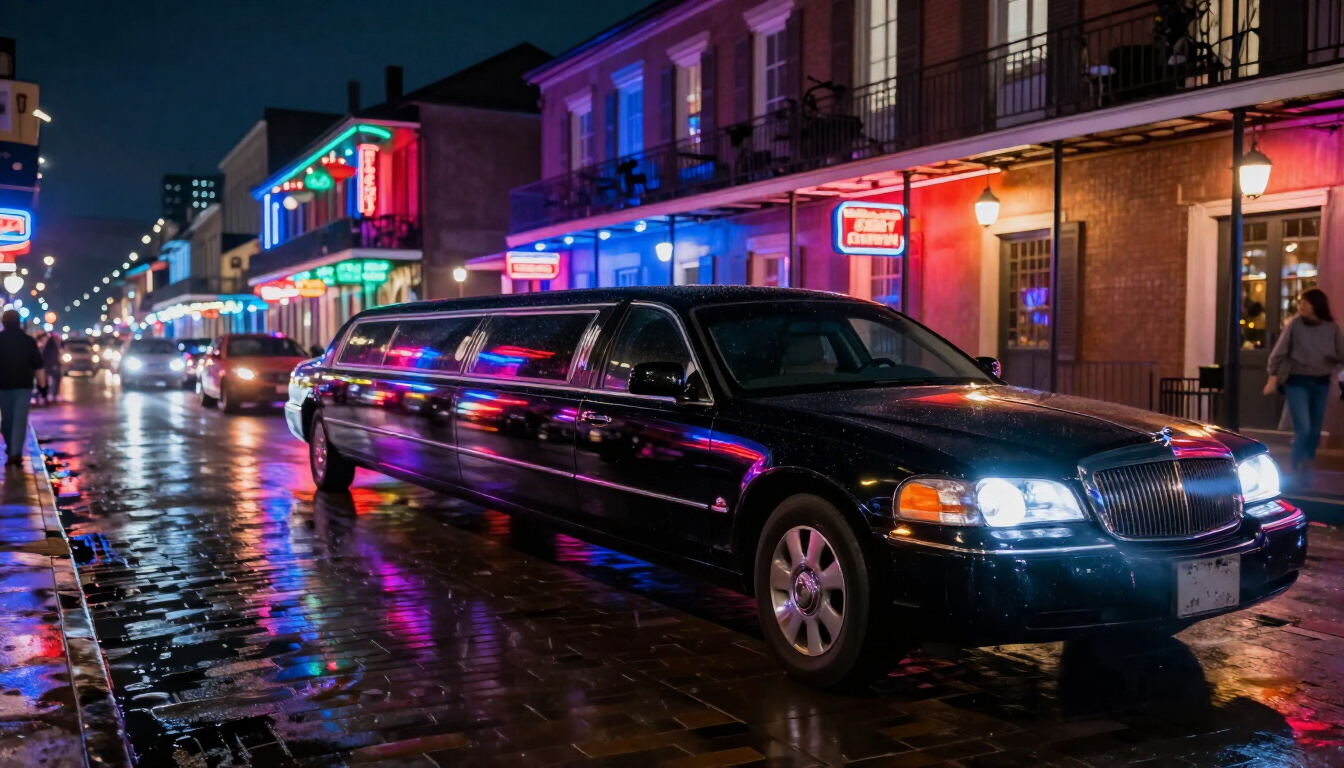 Luxury limousine in New Orleans at night near the French Quarter