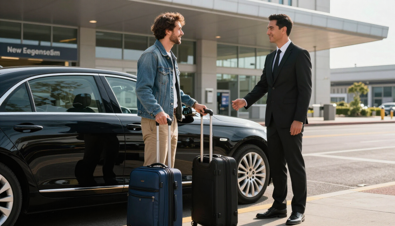 Traveler meeting a chauffeur outside an airport terminal