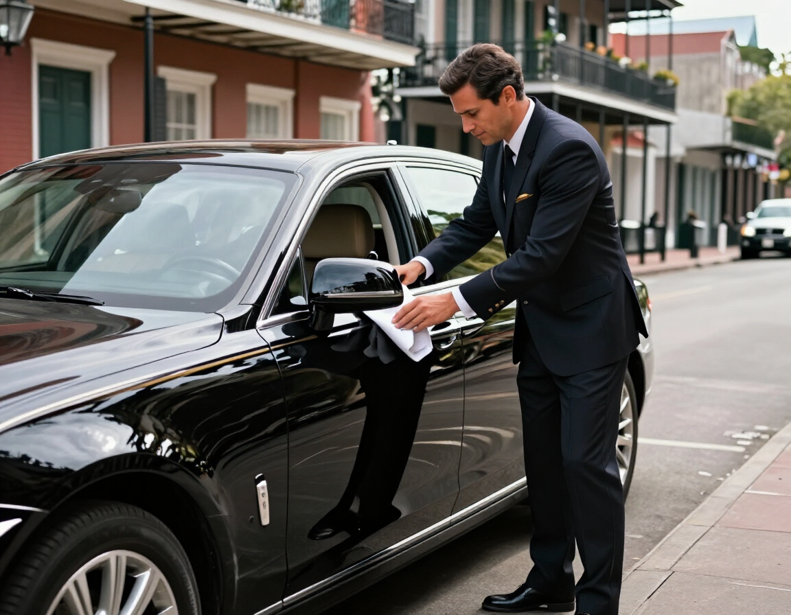 Professional chauffeur preparing a New Orleans vehicle