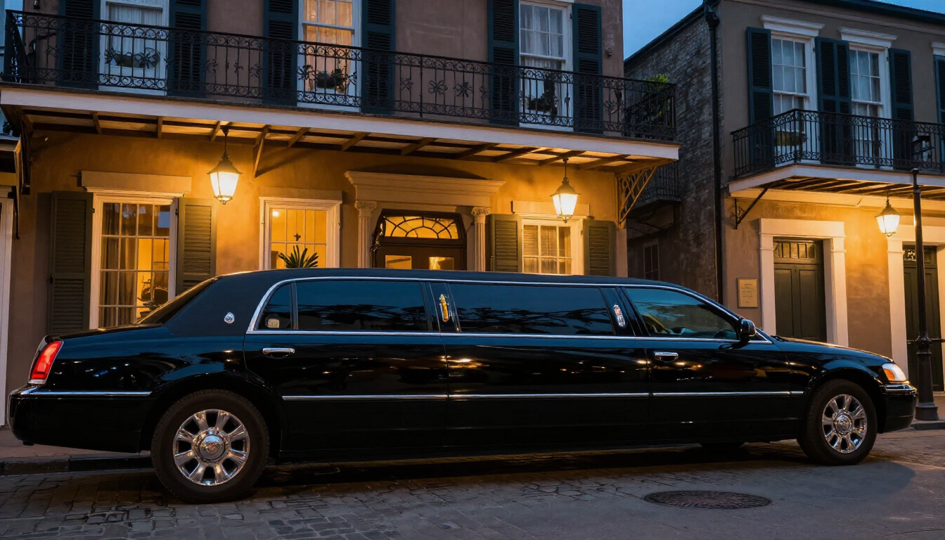 Professional New Orleans limousine outside a French Quarter hotel