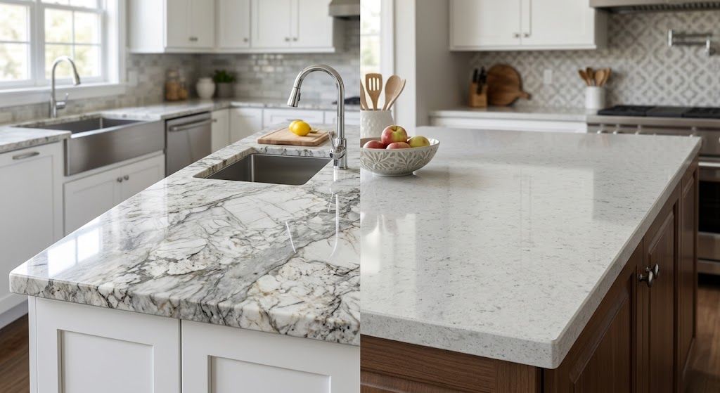Bright modern kitchen with white cabinets, gray counters, and a large marble island with fruit bowls