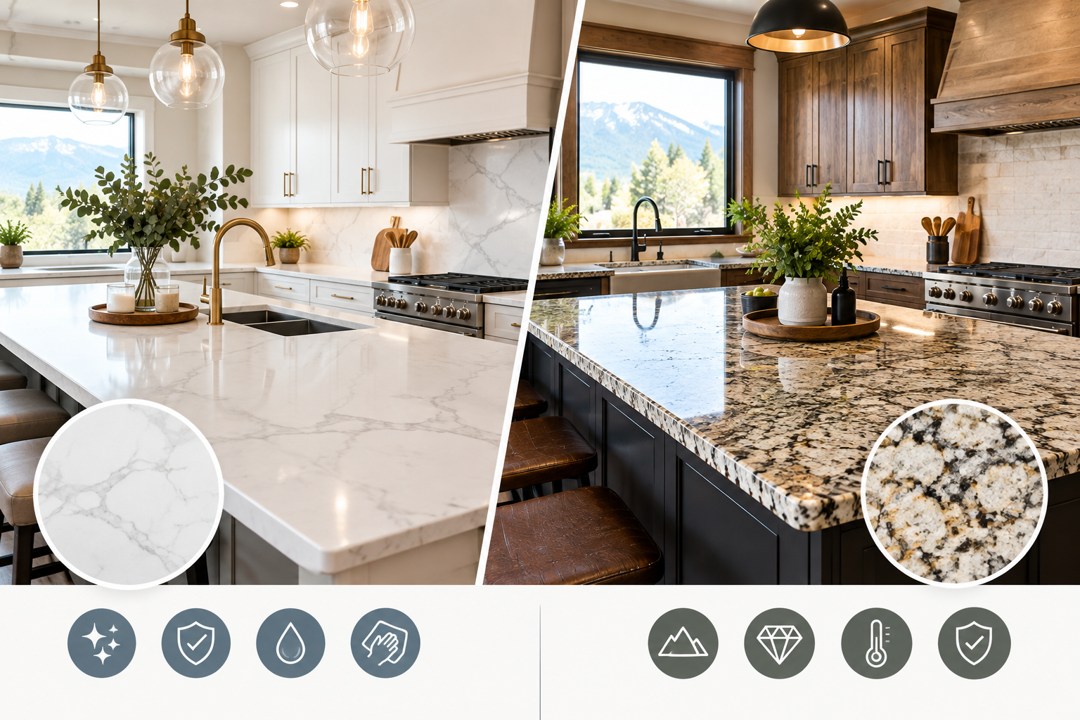 Split-view kitchen countertops: white marble island on left, speckled granite on right, both with sinks and pendant lights