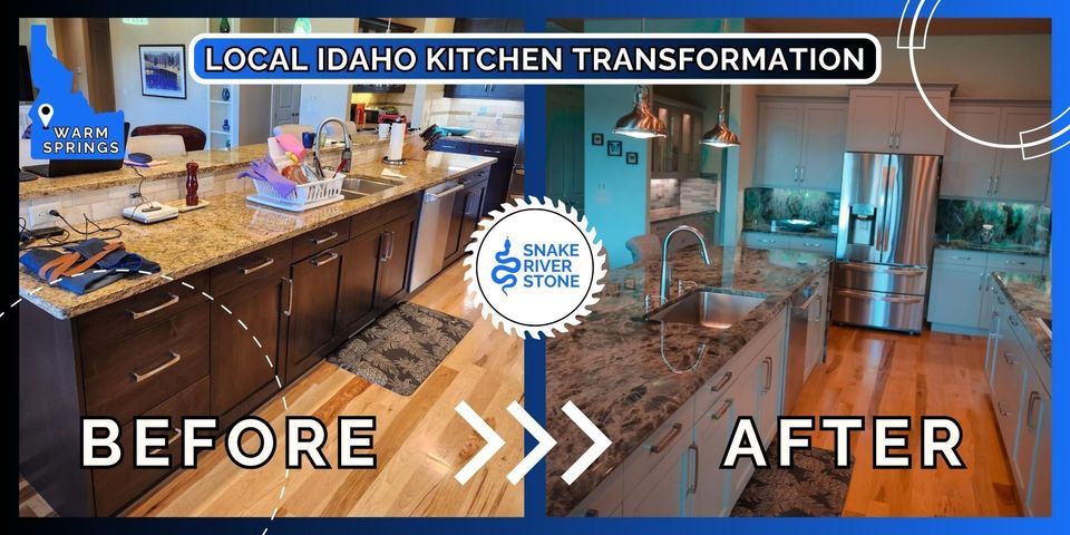 Before-and-after kitchen remodel with granite counters, dark cabinets, and blue walls in a Idaho home