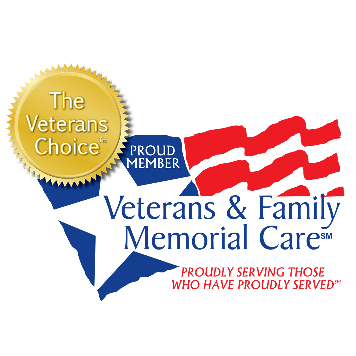 Logo for Veterans & Family Memorial Care, featuring a golden seal, blue star shape, and a red-striped flag graphic.