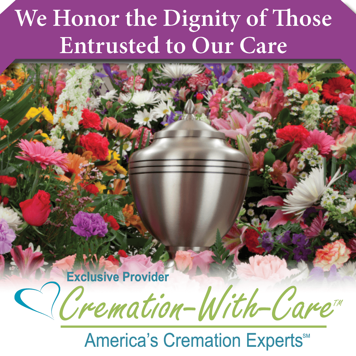 A metallic cremation urn centered in front of a colorful floral arrangement, under the text 