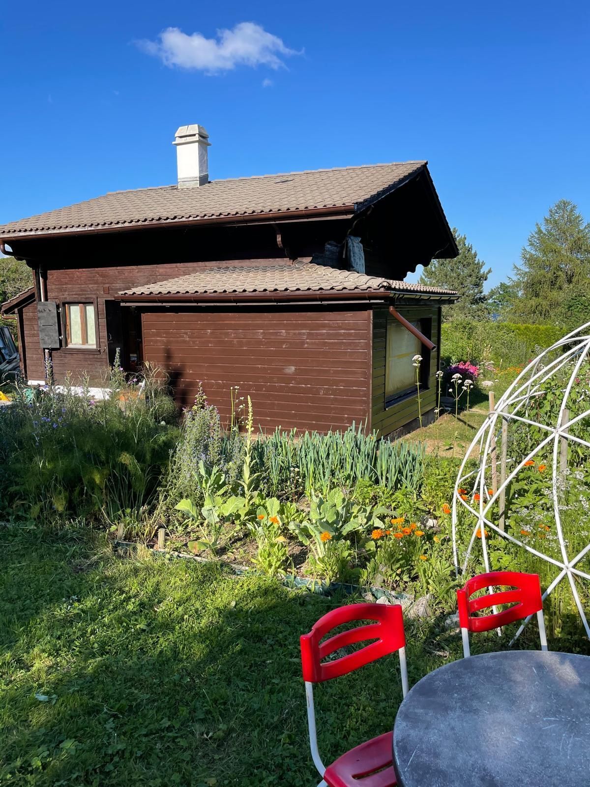 Maison rustique avec garage marron, jardin luxuriant et chaises rouges sous un ciel d'un bleu éclatant