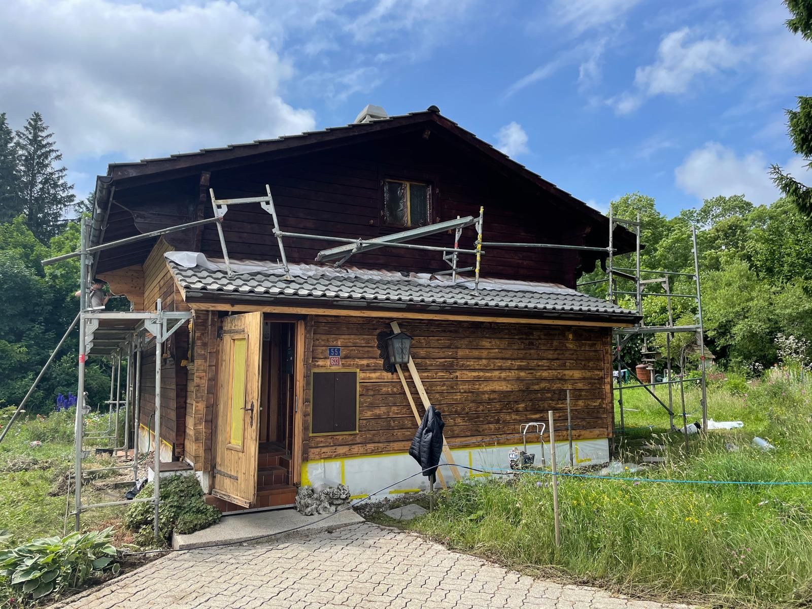 Petite maison rustique en bois au toit abîmé, entourée d'herbes hautes sous un ciel nuageux.