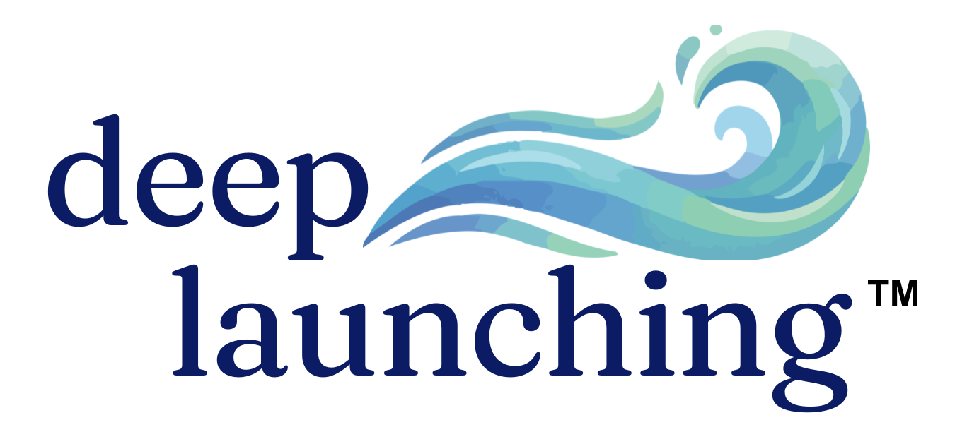 Deep Launching logo with blue text and a teal wave swirl