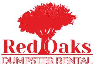 Red Oaks Dumpster Rental logo with red tree and text on white background