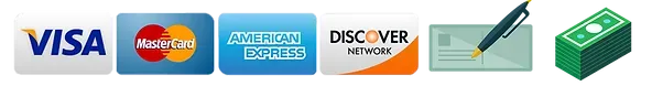 Visa, Mastercard, American Express, Discover, check, and cash payment icons.