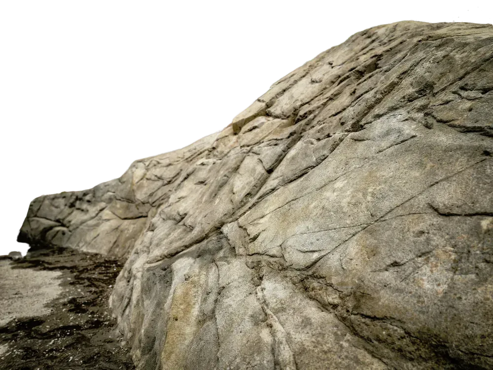 Large, weathered rock formation with visible cracks and texture, set against a white background.