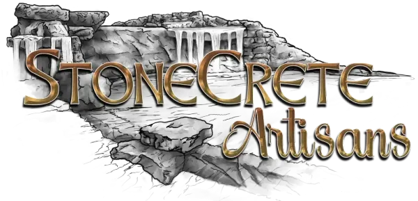 Logo for Stonecrete Artisans, featuring text in bronze over a grayscale illustration of a stone landscape with a waterfall.