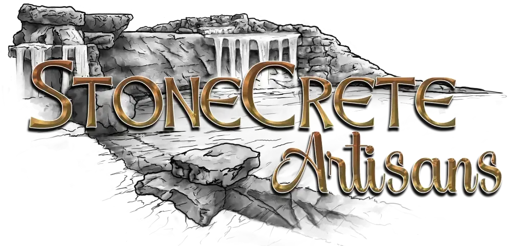 Logo for Stonecrete Artisans, text overlaying a grayscale illustration of a stone landscape with waterfalls.