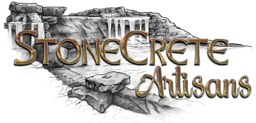 StoneCrete Artisans logo with stylized rock formations and text.