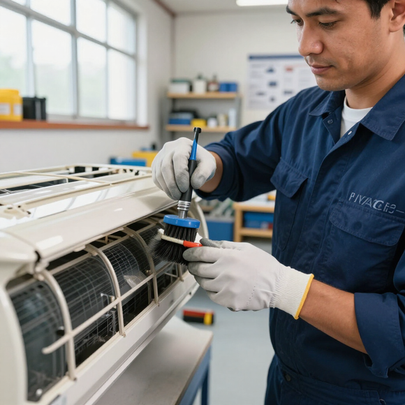 Técnico limpiando un sistema de aire acondicionado