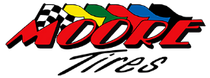 Logo for Moore Tires featuring a red "MOORE" and "Tires" in script, with checkered, yellow, green, blue, and black flags.