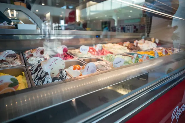 Gelato display case with various colorful flavors.