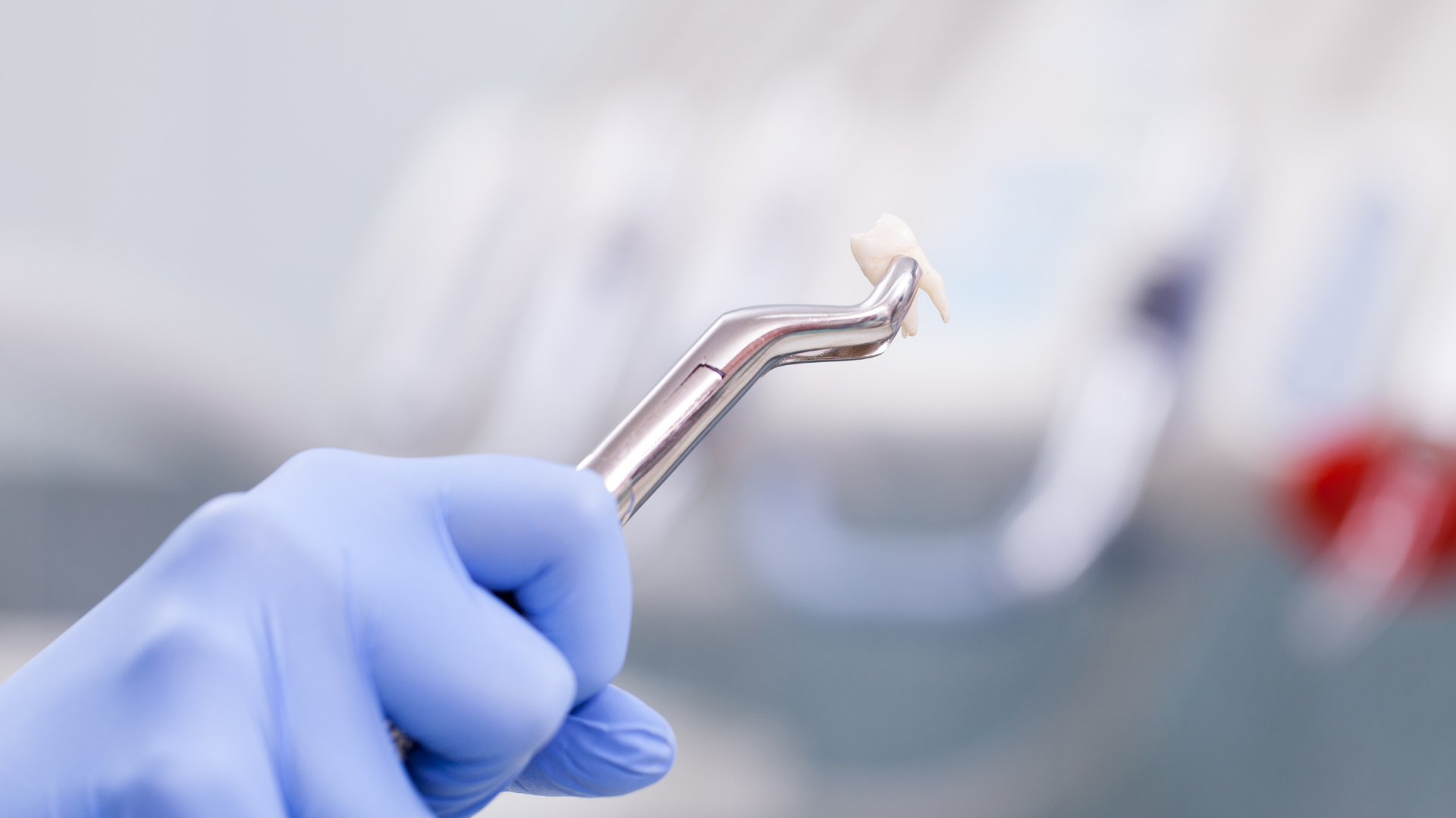 Gloved hand holding a dental tool with a small tooth, in a blurred clinic setting