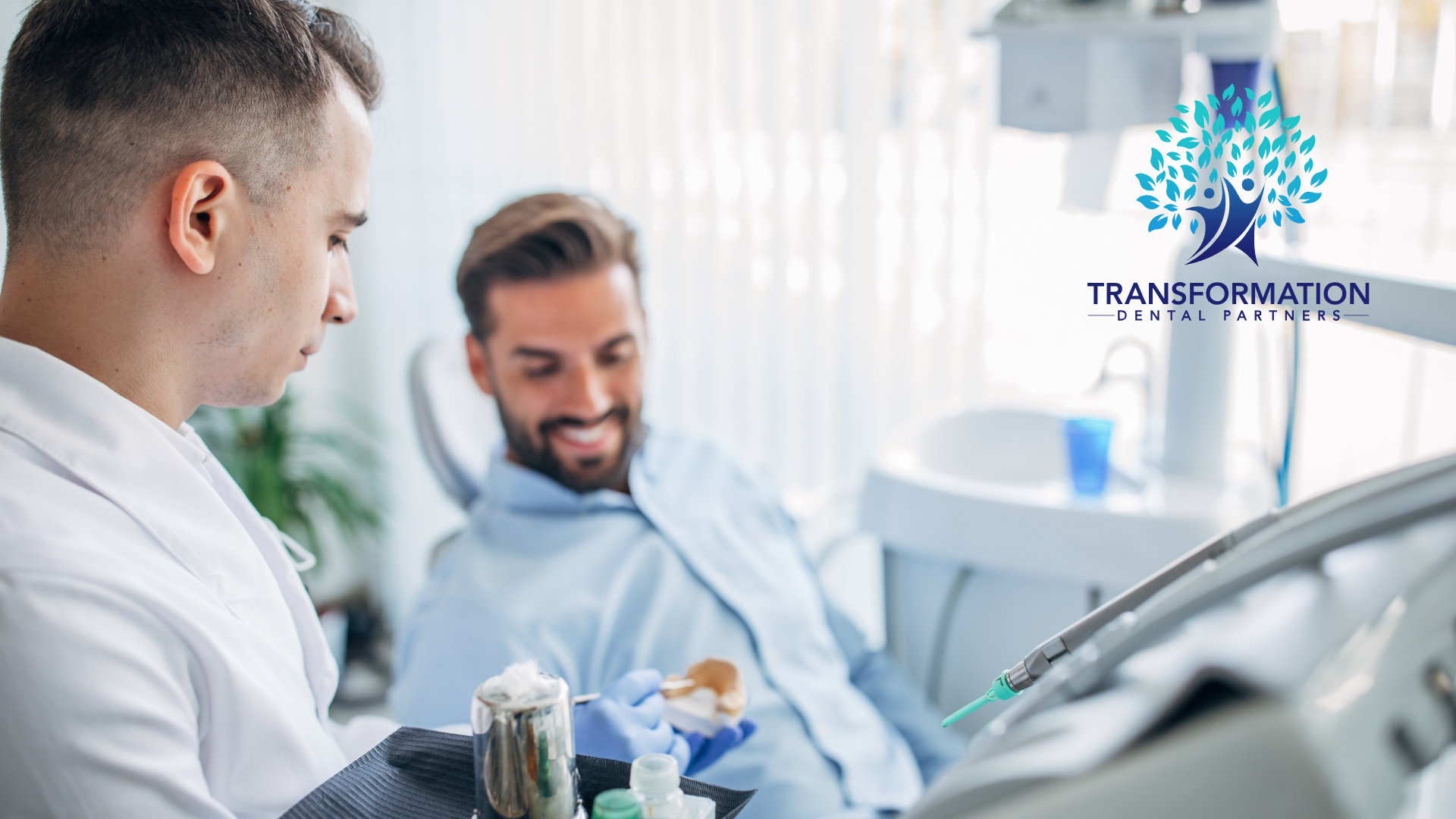 Dentist examining patient in dental chair, holding tools. Smiling patient, medical setting, logo visible.