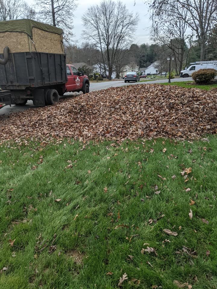 A red truck parked on a residential street next to a large pile of brown fallen leaves on a green lawn. A red truck parked on a residential street next to a large pile of brown fallen leaves on a green lawn.