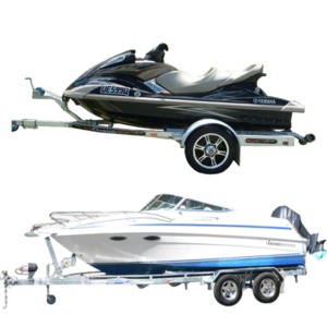 Black jet ski and white speedboat on trailers, shown side by side on a white background