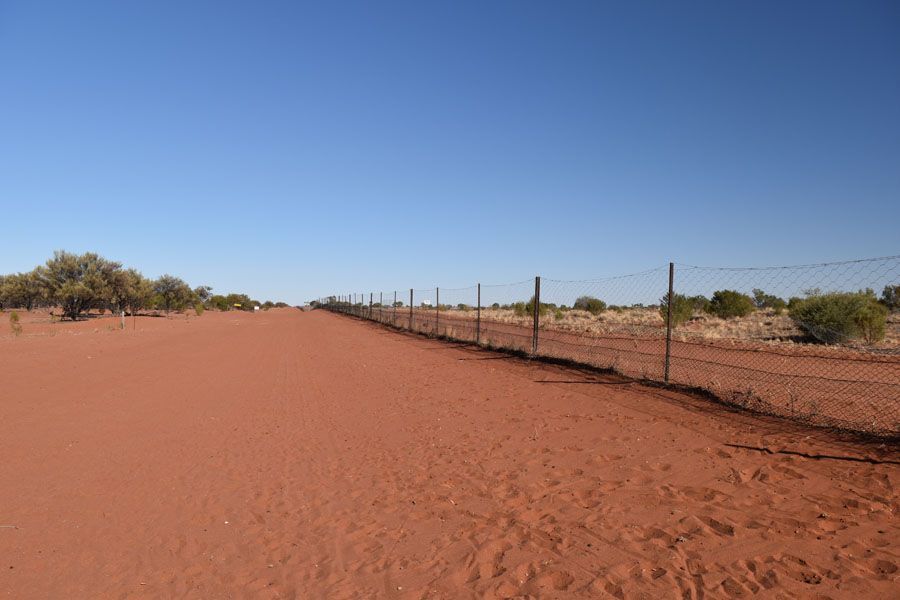 Red desert landscape with fence and cloudless blue sky.