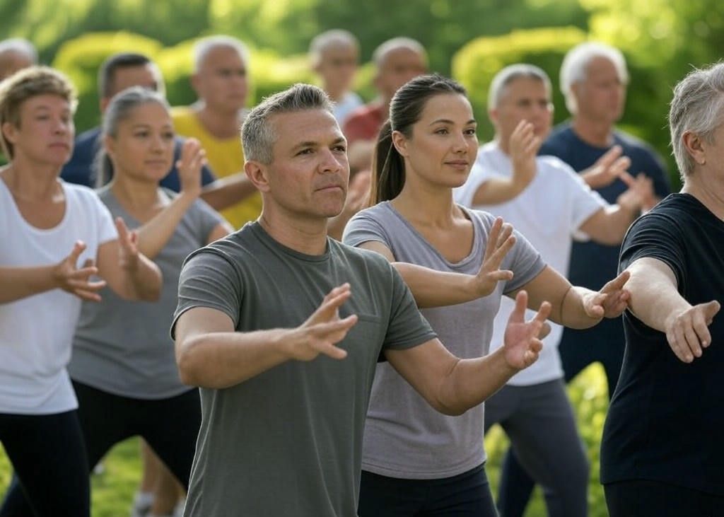 Een enthousiaste groep collega's die samen qigong oefent tijdens een workshop voor een gezonde werkvloer