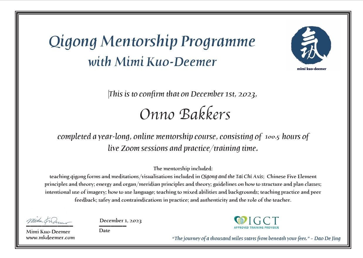 Een erkend diploma voor het succesvol afronden van het Qigong Mentorship Programma onder leiding van Mimi Deemer-Kuo.