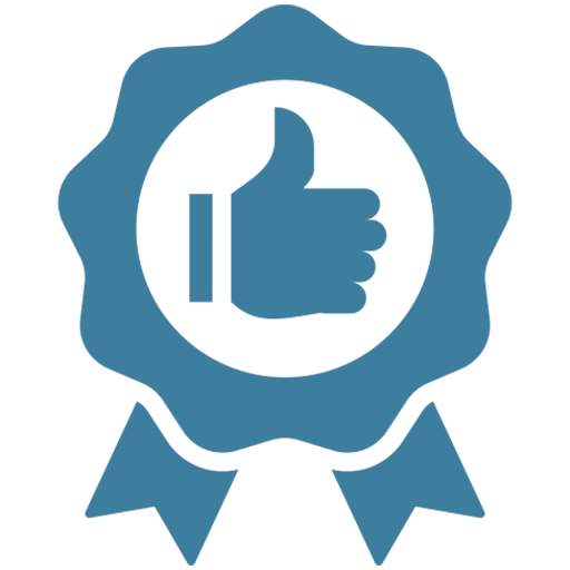 A red ribbon with a thumbs up in the center