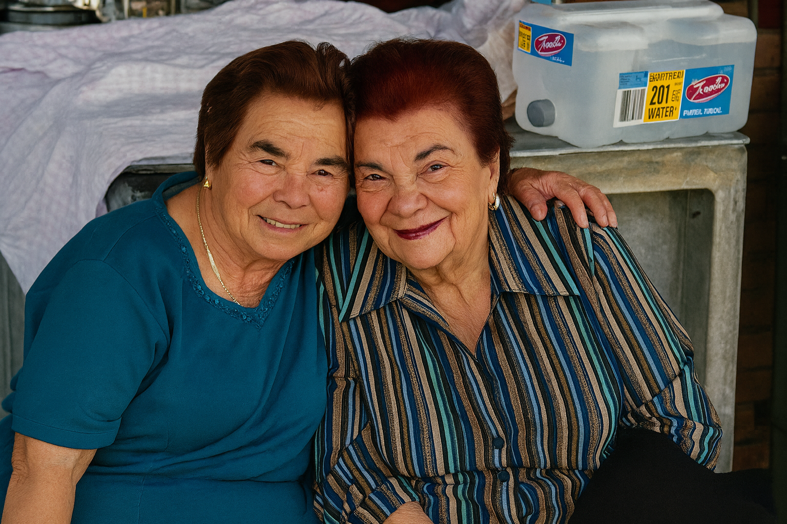 Two smiling women, one in blue, the other in striped shirt, arm in arm. Outdoor setting, water jug visible.
