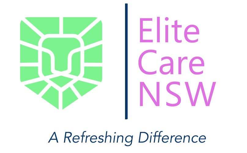 Elite Care NSW logo with a lion emblem, light green and purple text, and the tagline 