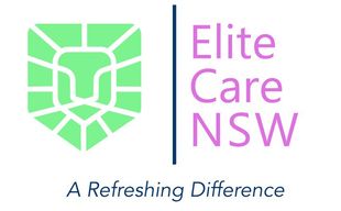 Elite Care NSW logo with a lion emblem, light green and purple text, and the tagline