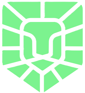 Green lion-shaped logo with white outlines and a shield design.