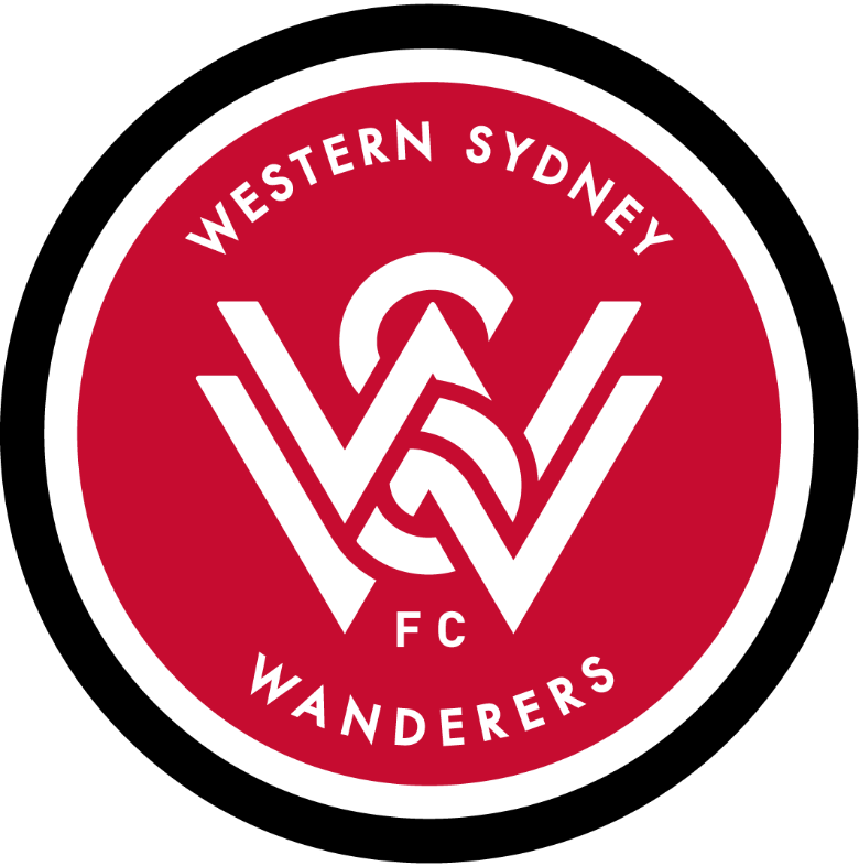 Western Sydney Wanderers FC logo: red circle with white text, and a white monogram inside a black outline.