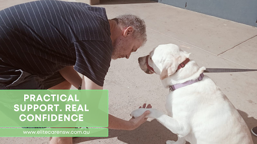 Man kneeling, petting white dog giving paw, text 